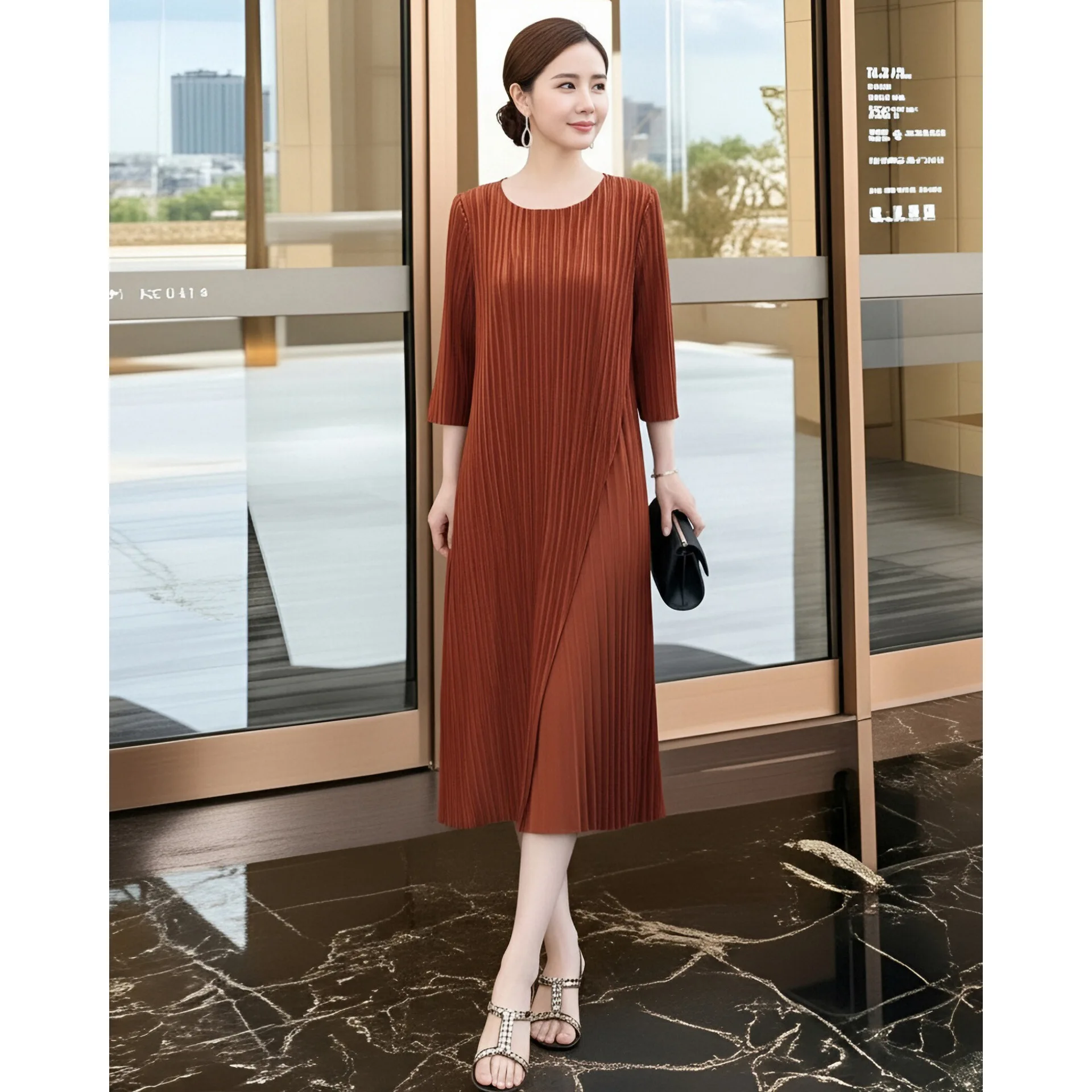 Miyake-vestido Irregular para mujer, Color sólido, elegante, cuello redondo, mangas tres cuartos, cintura suelta, falda acampanada de longitud media