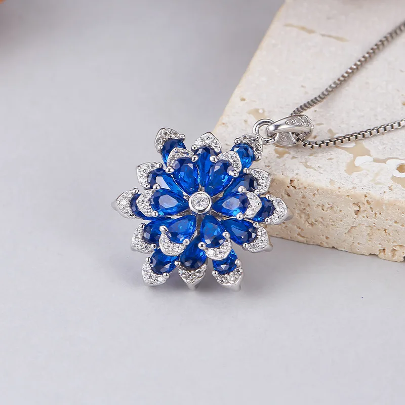 NEW S925 Pure Silver Jewelry With Luxurious Temperament Multi-layered Flowers Blue Pointed Crystals Flower Pendant Selected G