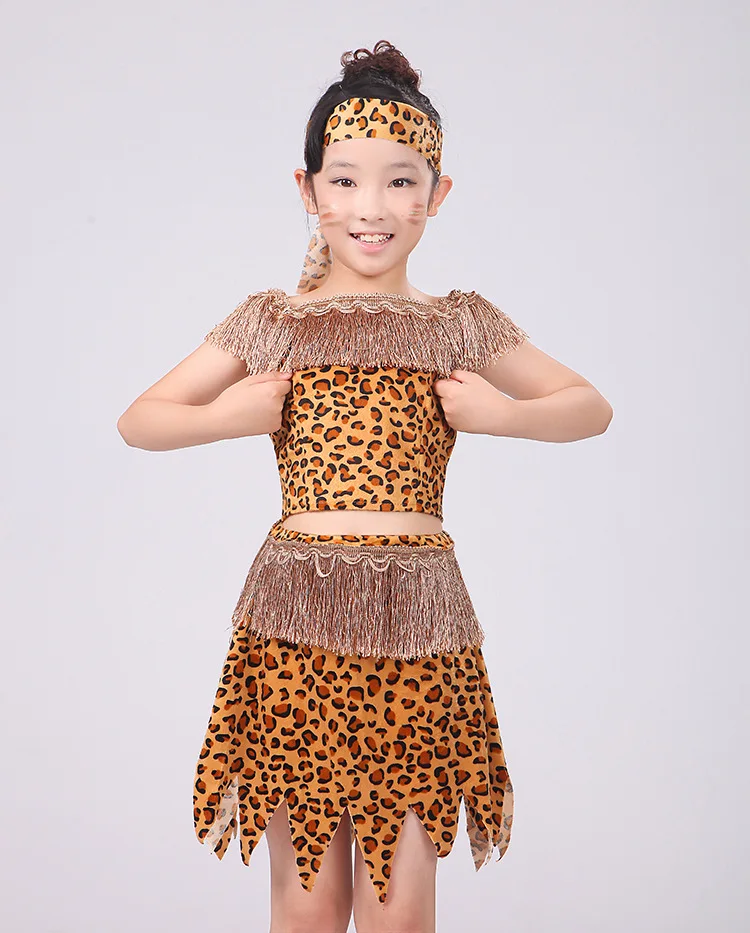 زي أداء الصياد للأطفال ملابس مطبوعة على شكل الفهد الهندي الأفريقي لحفلات الهالوين كرنفال