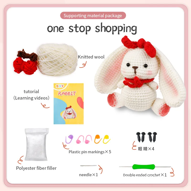 DIY Handmade Doll Crochet  Kit for Beginners Cute Rabbit Sewing Material Package Hand Knitting for Kids Adults Crochet Lovers