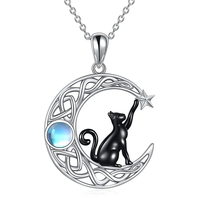 Vintage Niedliche Schwarze Kleine Katze Mond Anhänger Halskette für Frauen Teenager Gothic Mode Tier Mondstein Halsketten Schmuck Geschenke – Detail 3