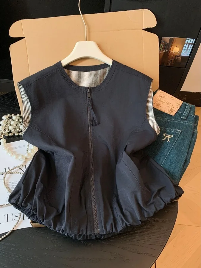 Stylish Korean Cotton Vest Outerwear Women's Autumn Layered Wear Youthful Slimming round Neck Zipper Shoulder Open Cardigan Top