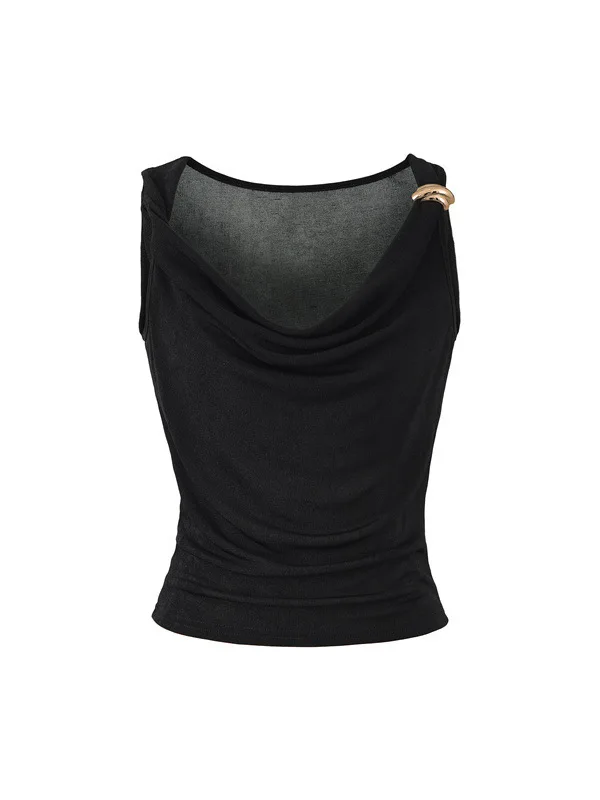 Women's Unique Style Summer Pure Desire Sleeveless Vest Flounce Collar Twisted Knot Pleated Fitted Waist Hot Girl Fashion