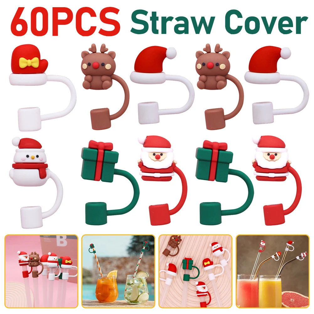 6-60pcs Christmas Silicone Straw Tips Drinking Dust Cap Splash Proof Plugs Cover Cup Accessories 8-10mm Straw Sealing Tools