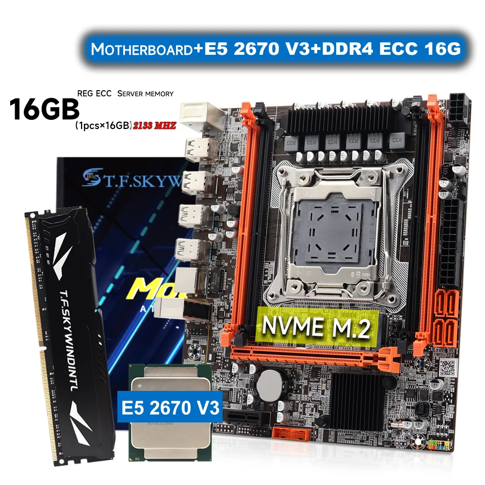 

X99 Motherboard Kit Slot LGA2011-3 USB3.0 NVME M.2 SSD Support DDR4 REG ECC Memory and Inter Xeon E5 2670 V3 Processor