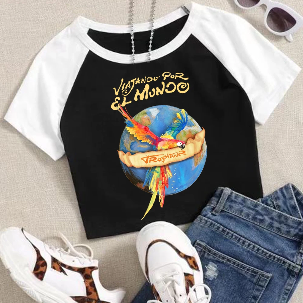 Karol G Viajando Por El Mundo Tropitour Crop Tops T-Shirt Girls Fashion Women O-Neck Short Sleeve