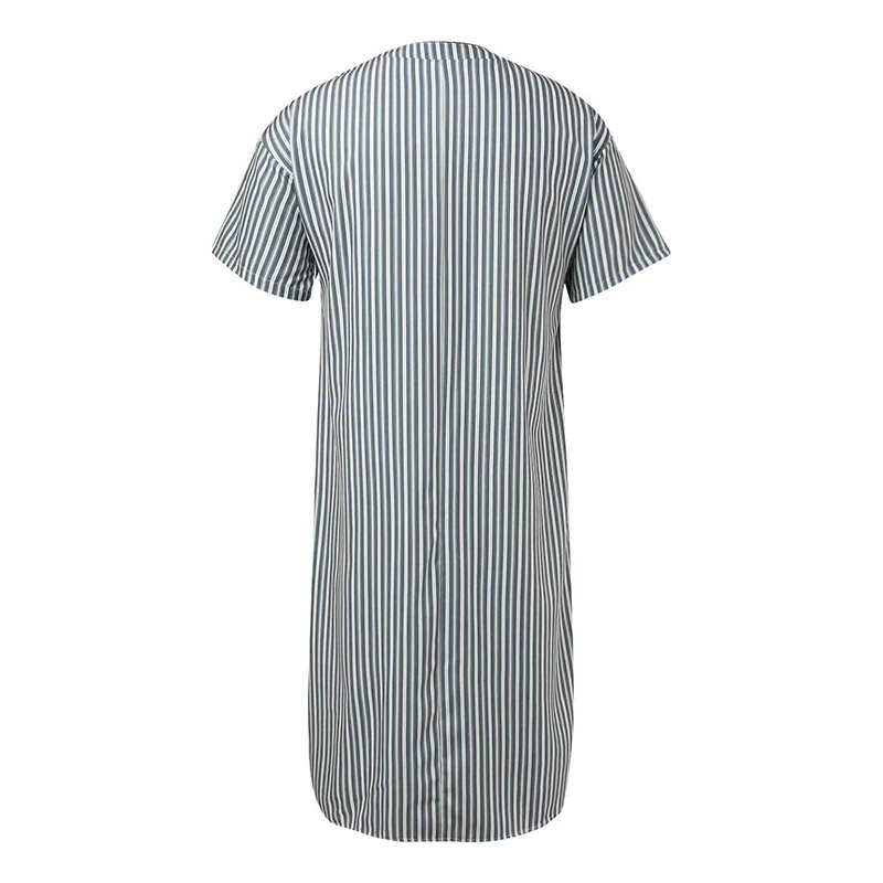 Muslim Thin Short Sleeved Robe With Middle Eastern Arabic Stripes V-neck Button Casual Loose Fitting Nightgown