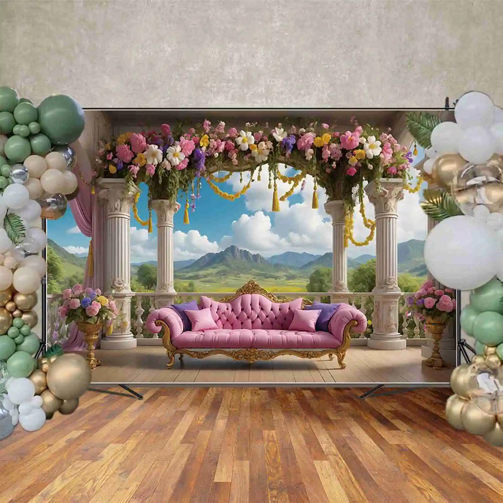 MOON.QG Princess Flower Curtain Castle Birthday Background Girl Arch Garaland Viewing Platform fondale accessori per feste personalizzati