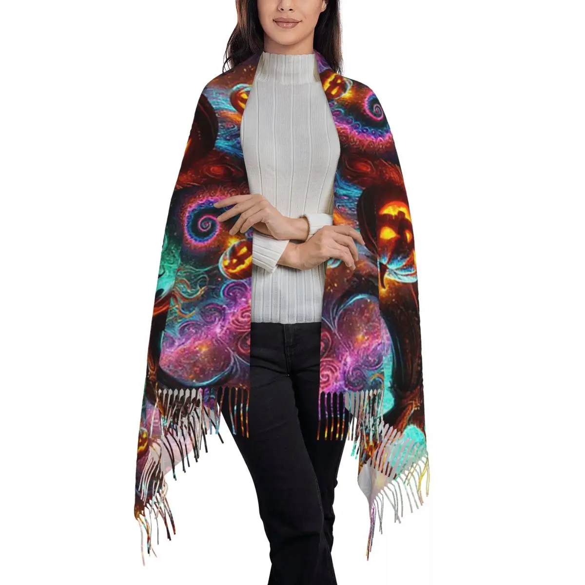 Halloween Witch's Cosmic Power Scarf Tassel Scarves for Women Soft Warm Shawls and Wraps Long Fall Winter Shawl Wrap