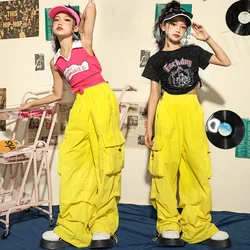 Fato de Dança Hip Hop Menina, Roupa Infantil, Top Curto, Streetwear, Dopamina, Tático, Calças Carga, Amarelo, Menina, Roupa de Jazz, Novo