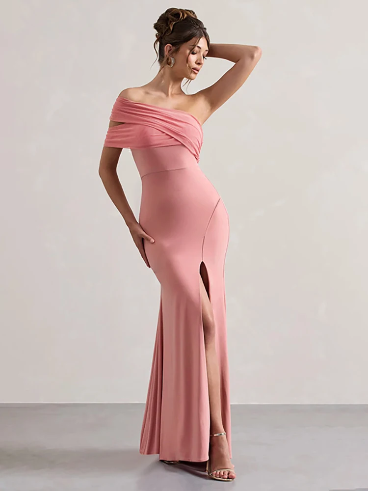 JULISSA MO Sexy One Shoulder Mesh Women Maxi Dress Pink High Slit Evening Dress Female Autumn Skinny Elegant Party Clubwear 2024