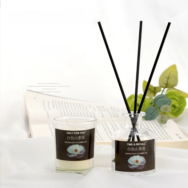 Camellia Essential Oil Aromatherapy Diffuser Gift Set 50ml Reed Diffuser Black Rattan Sticks 50g Coconut Oil Scented Candle