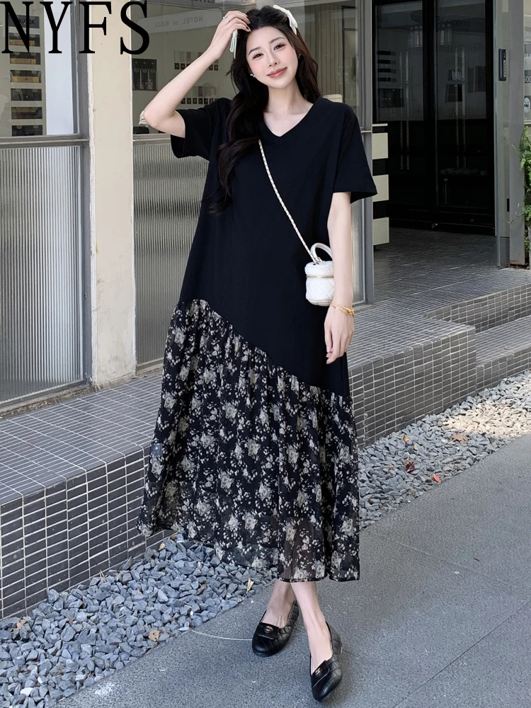 NYFS حجم كبير فستان نسائي فضفاض صيف 2025 كوريا نمط قصير الأكمام الخامس الرقبة المرقعة الزهور فستان طويل رداء Elbise #1