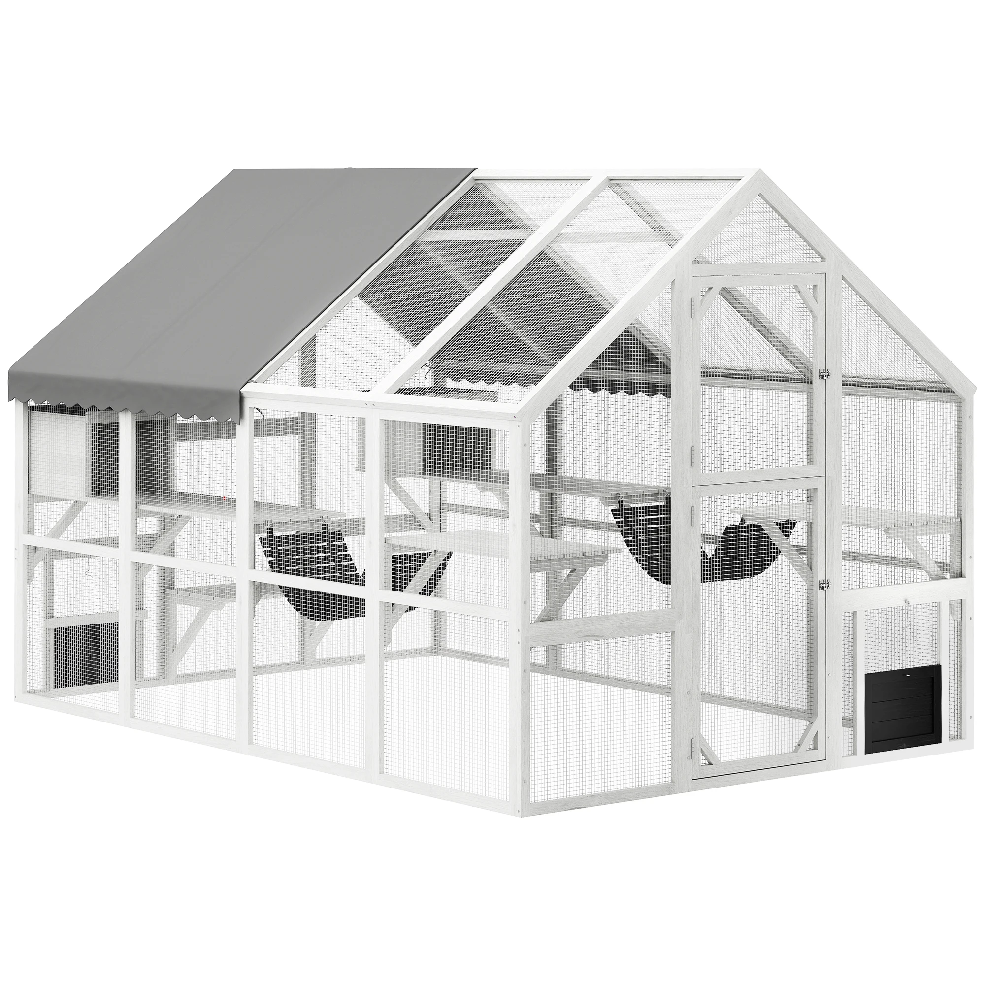 

Wooden Catio Outdoor Cat Enclosure with Waterproof Cover, 2 Condos, 6 Platforms, Bridge, Doors, White