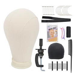 Canvas Block Head Set with C Stand Clamp for Making Wigs Weave Display and Styling Mannequin Head