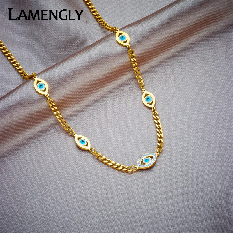 LAMENGLY 316L Stainless Steel Retro Blue Eyes Choker Necklace For Women Fashion Gold Color Neck Chain Waterproof Jewelry Gift