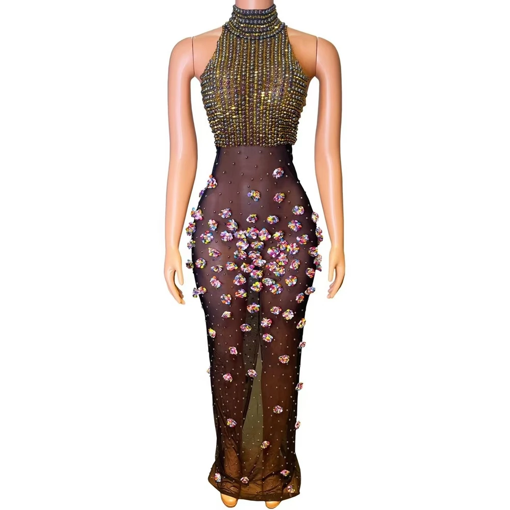 

Sparkly Rhinestones Flowers Long Dress Women Sexy See Through Birthday Celebrate Wedding Evening Prom Dress Photo Shoot Wear