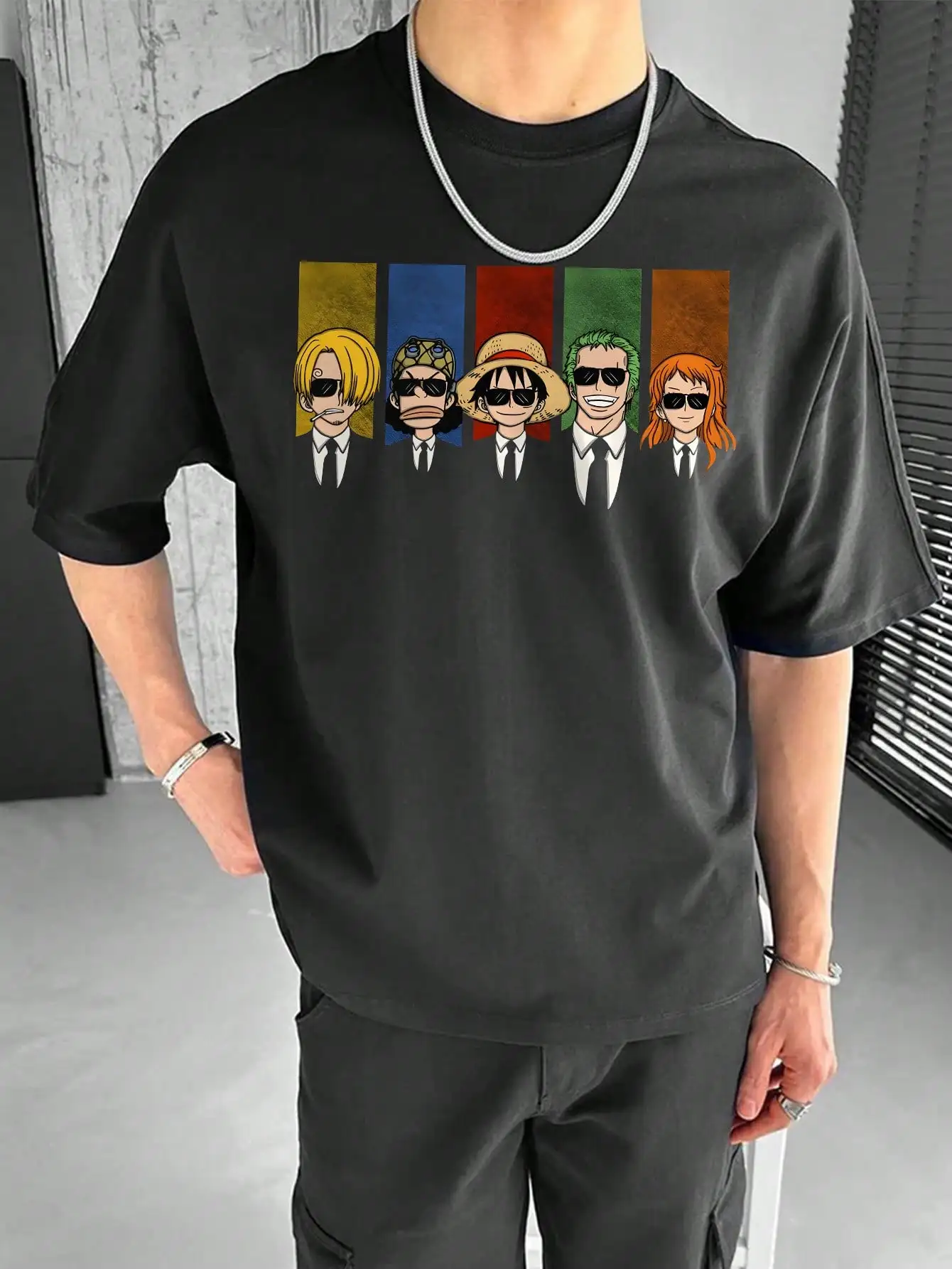 Camiseta de manga corta con estampado de dibujos animados informal para hombre de verano Nakama de colaboración de una pieza