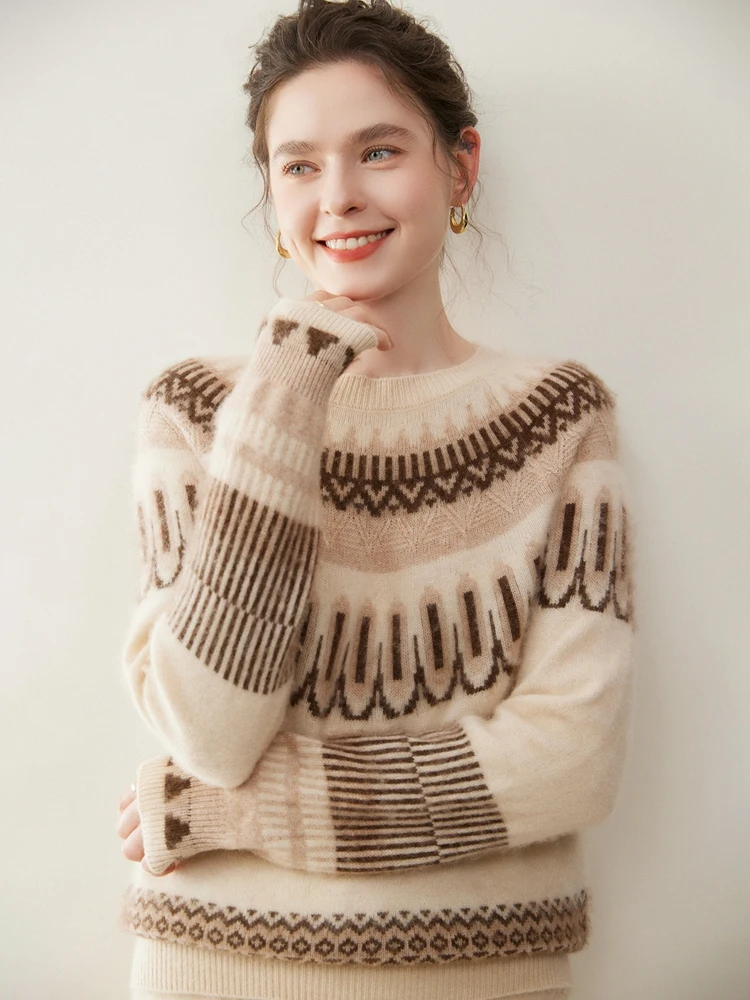 

TLOML Роскошный женский 100% кашемировый свитер с круглым вырезом, толстый пуловер, винтажный жаккардовый кашемировый трикотаж, осенне-зимние мягкие теплые топы