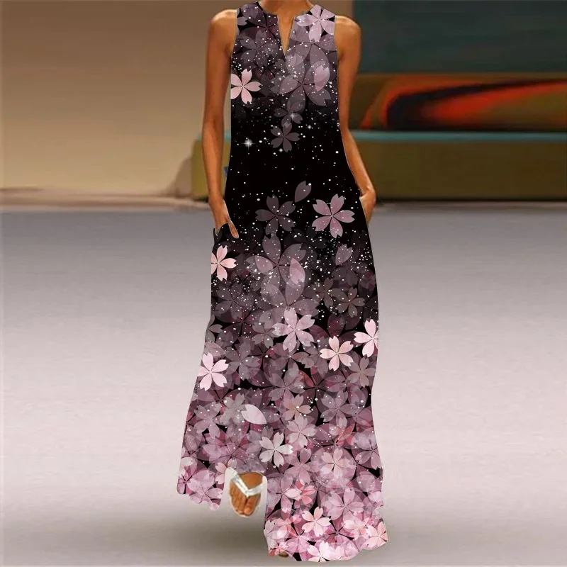 

Fashionable Women's Loose Fitting, Casual, Elegant Cherry Blossom Sleeveless Over Knee Printed Dress