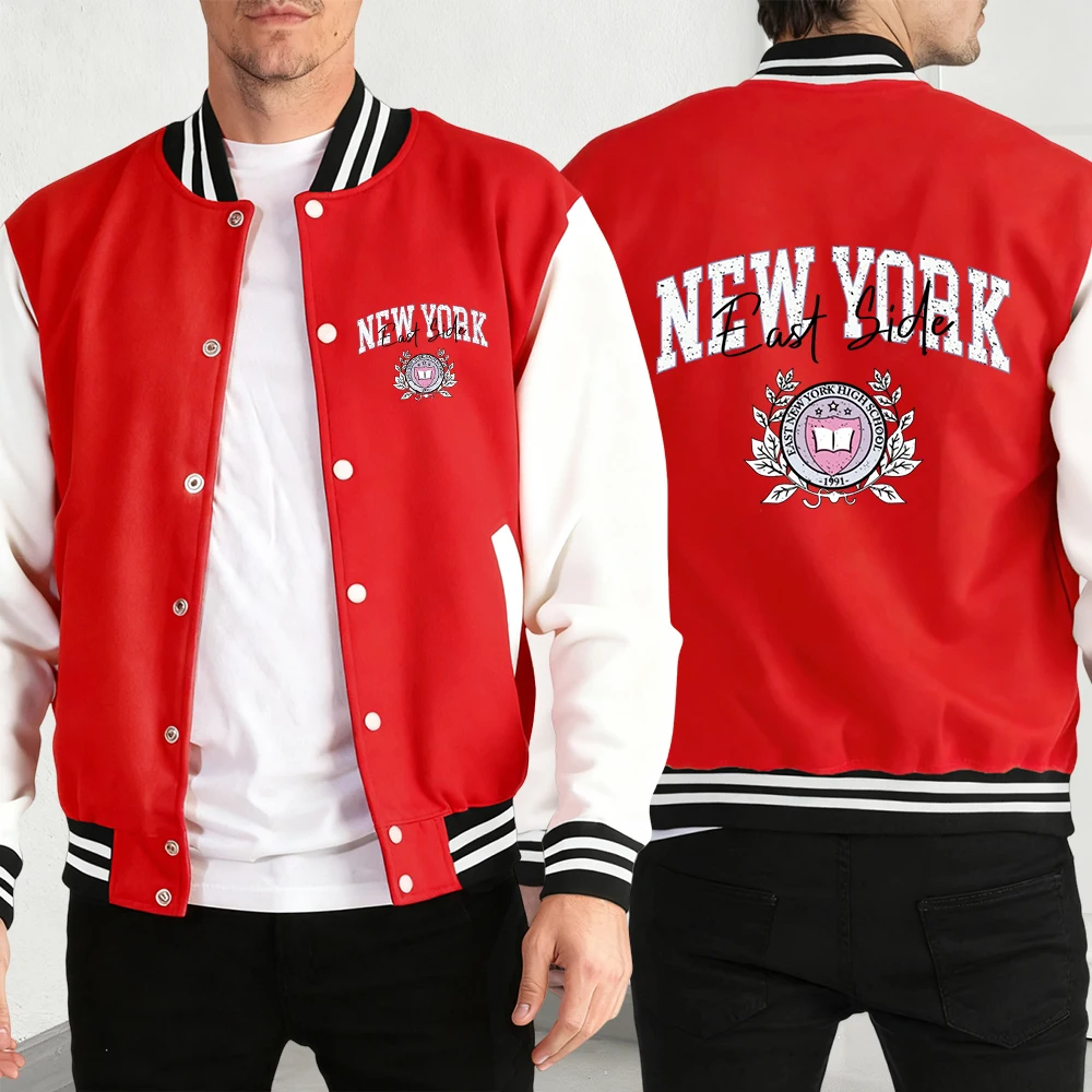 

New York East Side Print Male Baseball Jacket Harajuku Vintage Fleece Coat Sport Casual Clothing Unisex Button Loose Fashiontops