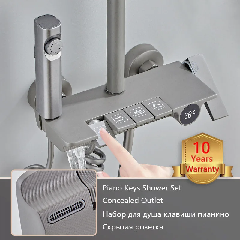 Top 1 Bathtub Shower Set Brass Grey Piano Shower System Sets Luxury 4 Way Hot and Cold Water Bathtub Faucet Bathroom Accessories