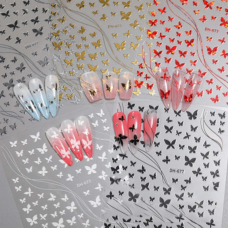 Butterfly Nail Stickers Wearing Armor Fluttering Butterfly Back Adhesive Stickers Hot Stamping Silver Nail Sticker