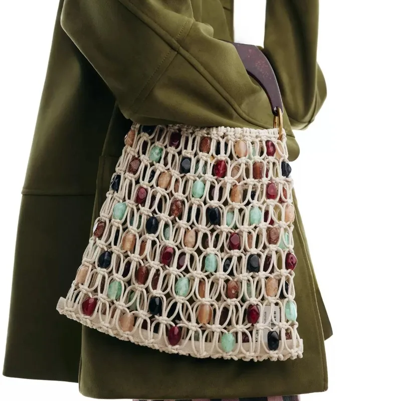 

Color Beading Beach Bags Bohemian Rope Crochet Women Bag for Women Handmade Hollow Knitting Handbags and Purses Woven Bag NEW