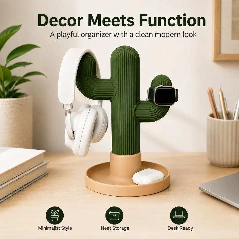 Minimalist Cactus Headset Stand Multi Use Desktop Organizer for Headphones Watch Earbuds Student Dorm Bedroom Office Storage view 3