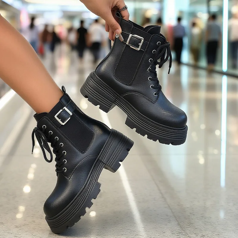 

Новинка 2025, осенне-зимние ботинки на платформе, женские модные ботильоны на молнии со шнуровкой, женские кожаные ботинки в стиле панк на толстом каблуке