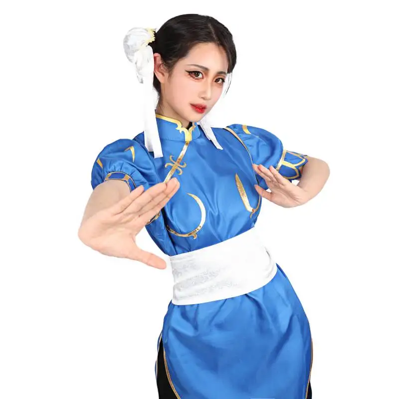 DAZCOS 4Pcs/set Game Chun-Li Cosplay Costume Blue Cheongsam Head Buns White Elastic Waistband and Black Panty-hose Halloween New