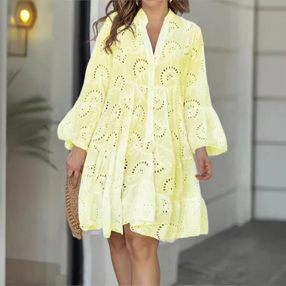 

Women Dress 2025 Spring Summer Hollow Out Solid Color V-neck Design Sexy Wrapped Hip Fishtail Skirt Streetwear Loose Robe Femme