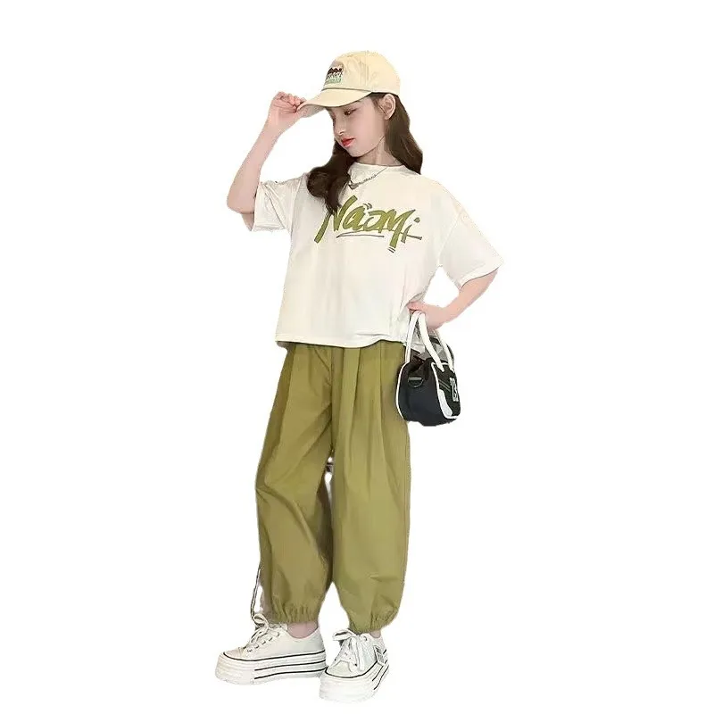 2024 summer Child set Clothes Girls tracksuit letter t shirt + green Sport Ankle-tied pants Kid Teenager 5 6 7 8 9 10 11 12 year