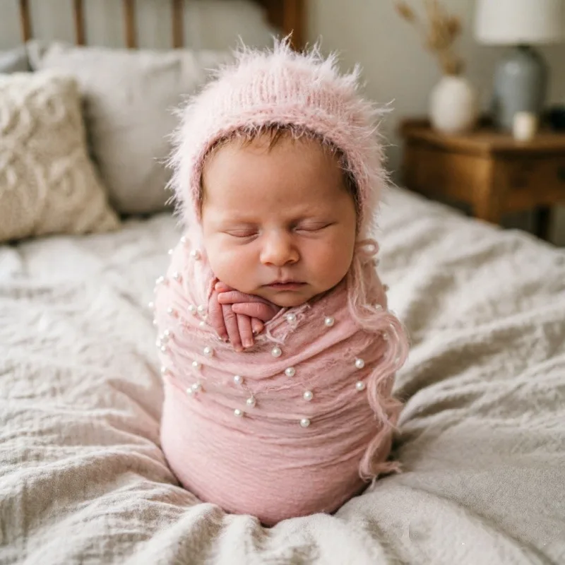 Newborn Photo Styling Cotton Linen Pearl Swaddle Wrap Fabric Baby Posing Cloth Prop For  Studio Infant Portrait Shooting Use