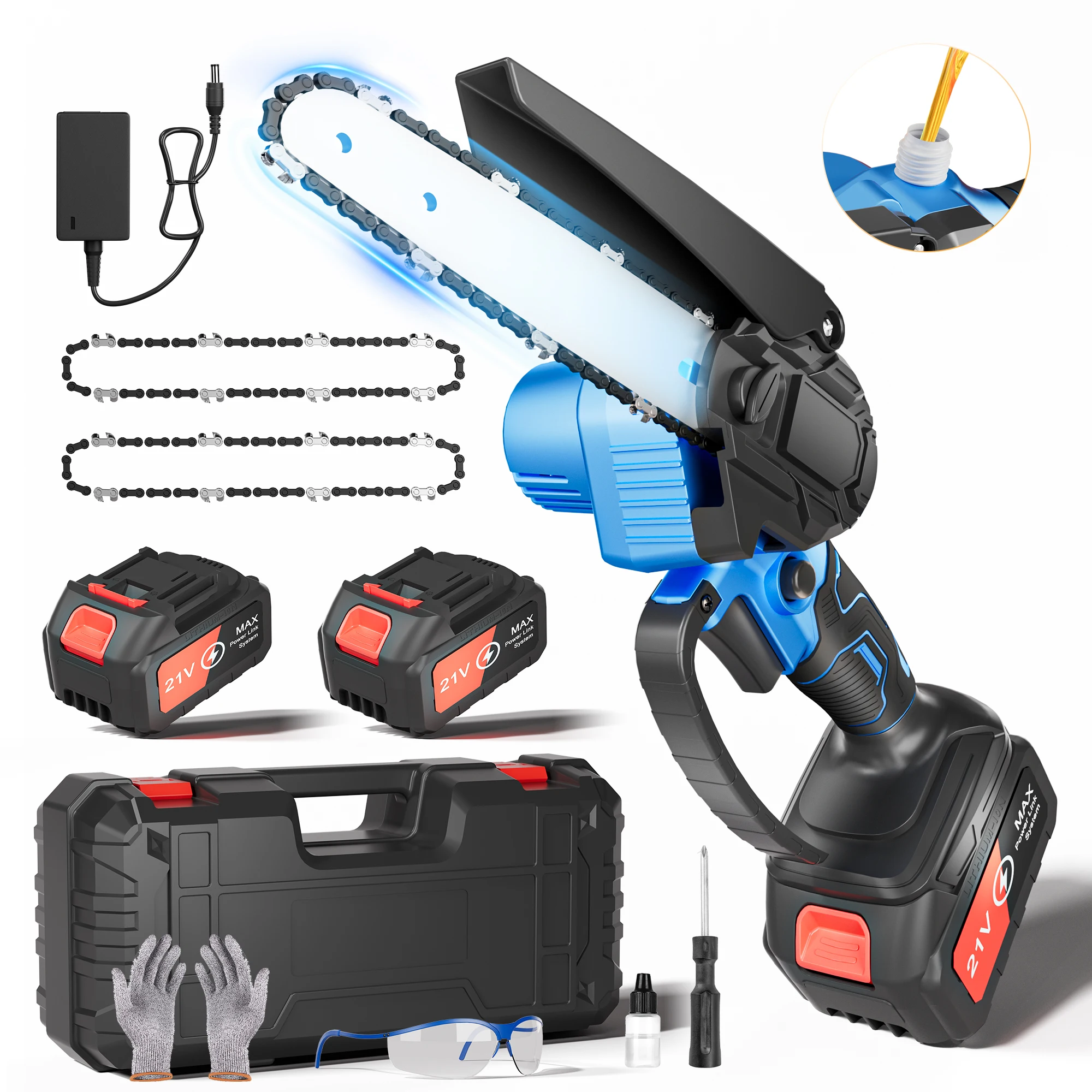 Mini Chainsaw Cordless, 6 Inch Portable Electric Chainsaw with 2 Batteries&Plastic Box,Chain Saw for Wood Tree Branches Cutting
