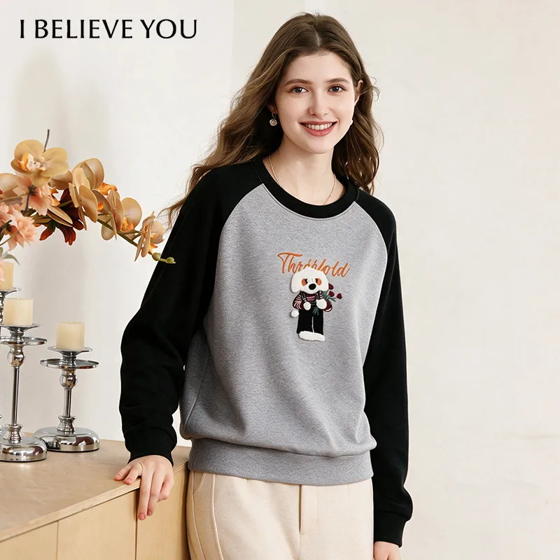I BELIEVE YOU College Style Raglan Sweatshirt Cartoon Embroidery O-Neck Pullover Color Block Long Sleeve Casual Top 2264196451