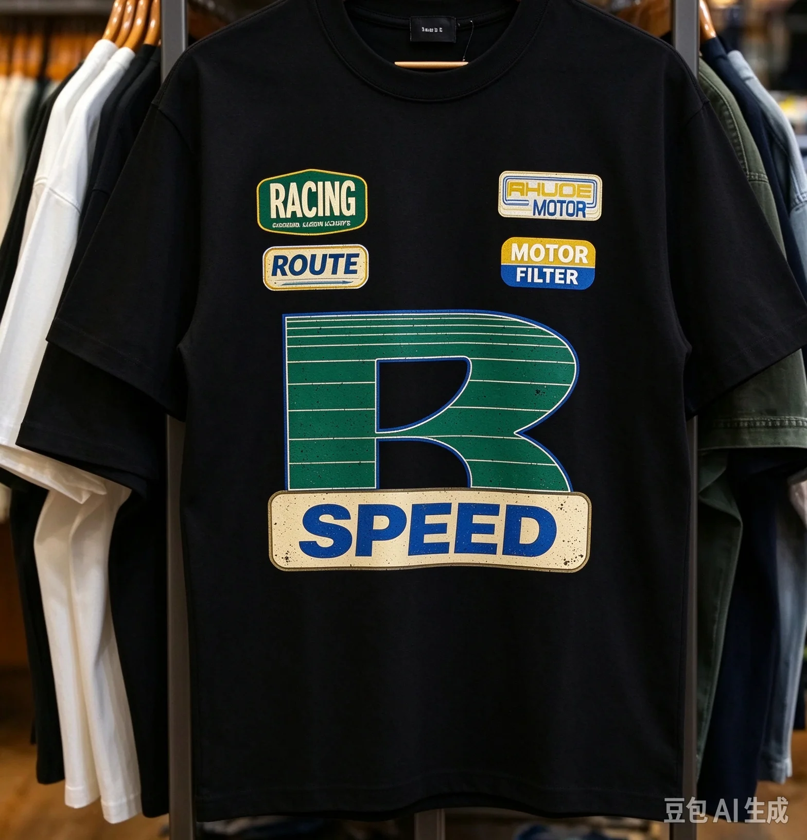 Vintage Racing Badge Graphic T-Shirt, Retro Motor Sticker Print, Unisex Short Sleeve Casual Street Tee, Multi Color Tops