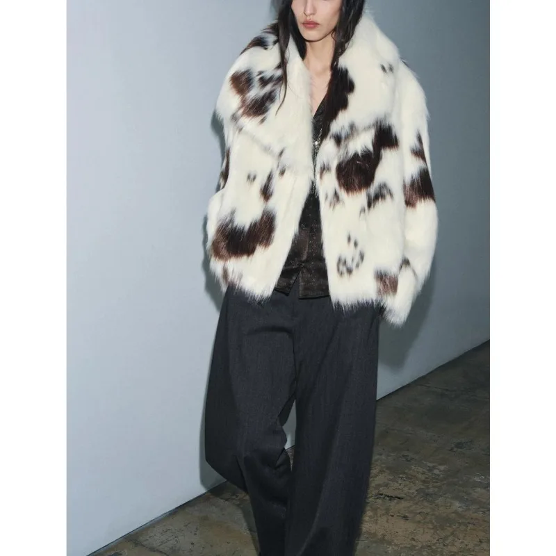 

2026 New Length Faion Ladies Coat Winter New Women's Long Sve Collar Printed Artificial Fur Effect Jaet Casual Sle
