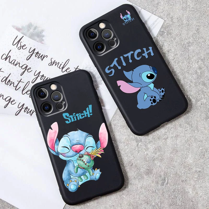 Coque de téléphone Stitch Anime Cartoon, coque noire, iPhone 15 14 13 12 11 XS Poly X 8 7 SE Pro Max Plus Mini