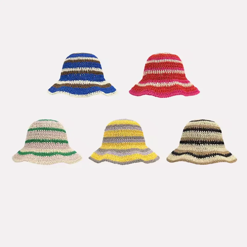 New Striped Knitted Straw Crochet Hats Hollow Breathable Sun Protection Colorful Handmade Beach Bucket Hat Folded for Women