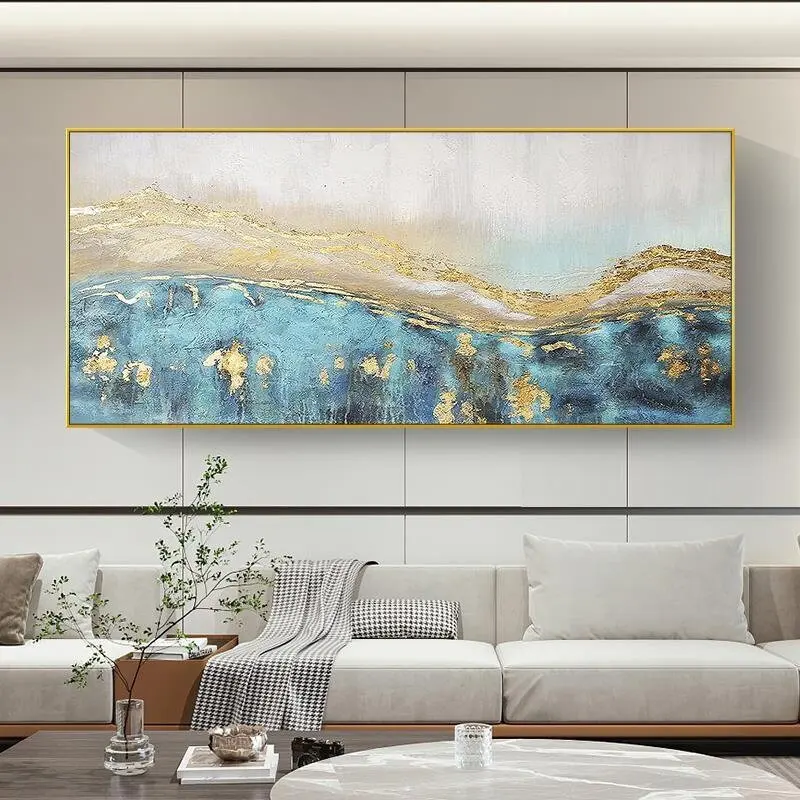 Contemporary Oversized Abstract Wall Art Handmade Brush Stroke Blue Golden Waves Coastal Art Heavy Textured oil Painting Decor