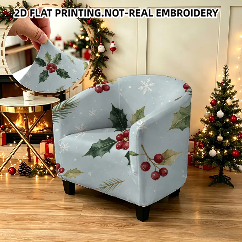 Watercolor Christmas elements armrest cover, berries holly gingerbread man snowman Santa 2D print elastic single club sofa cover
