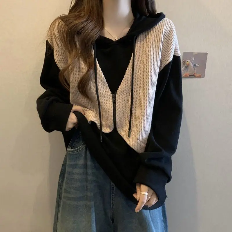 Fake Two Pieces with Zipper Women's Hoodies Sweatshirts Kpop Y2k Vintage Japanese Streetwear Novelty Essential Female Hooded Top