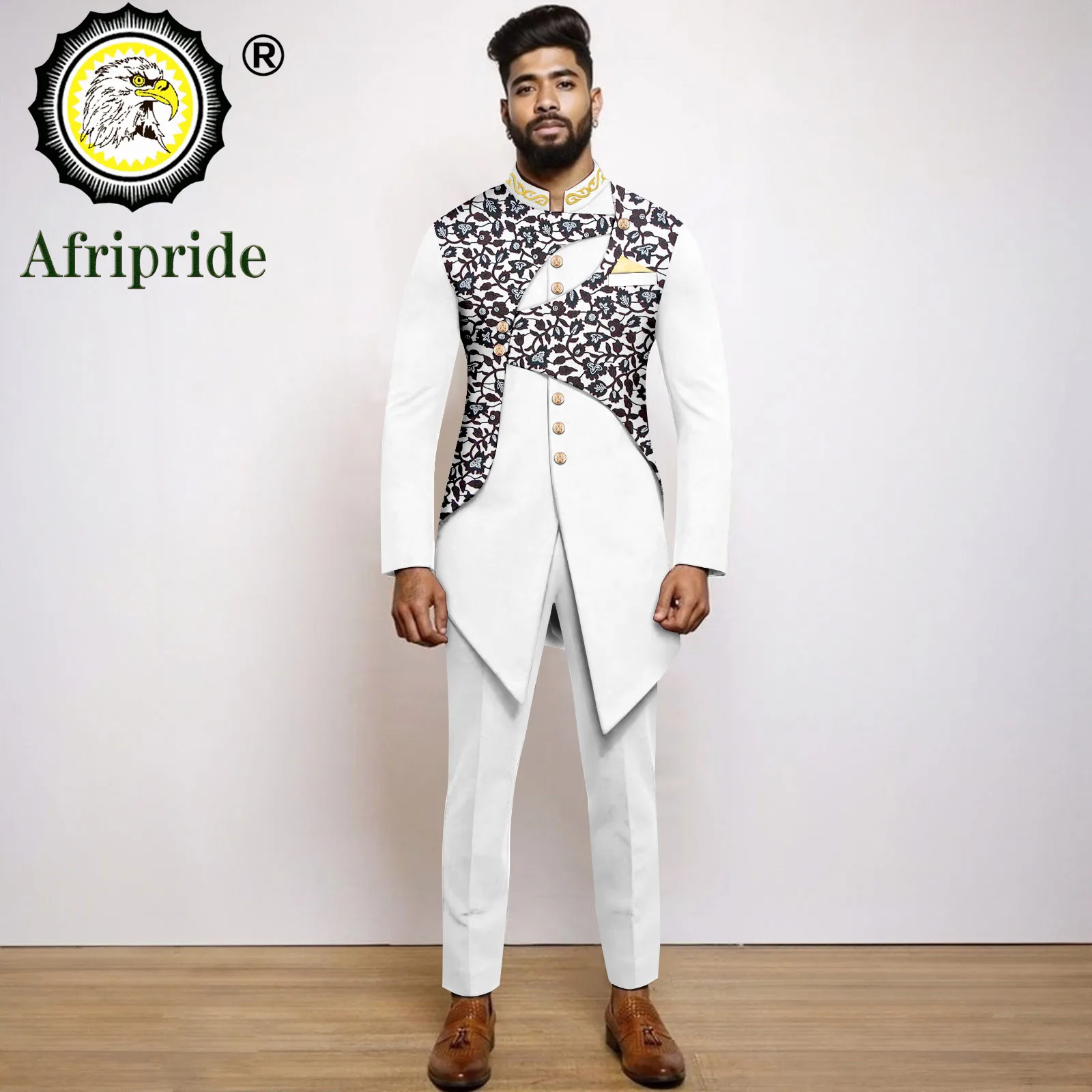 African Suits for Men Slim Fit Embroidery Single Breasted Print Blazer and Trousers Set Formal Outfits with Kerchief 2416031