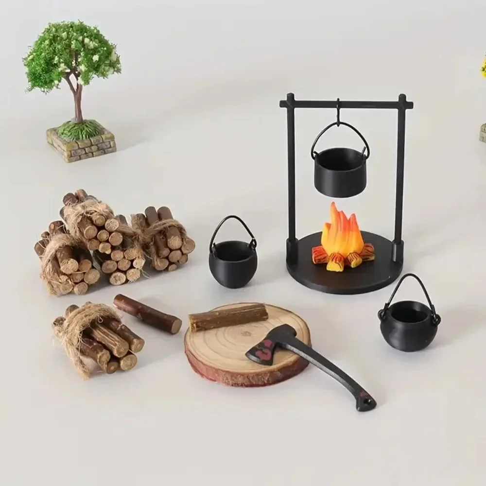 Halloween Mini Camping Fire Pit Set Fairy Garden Miniature Bonfire Pot Axe Firewood Kit Dollhouse Decor Spooky DIY Ornament Gift