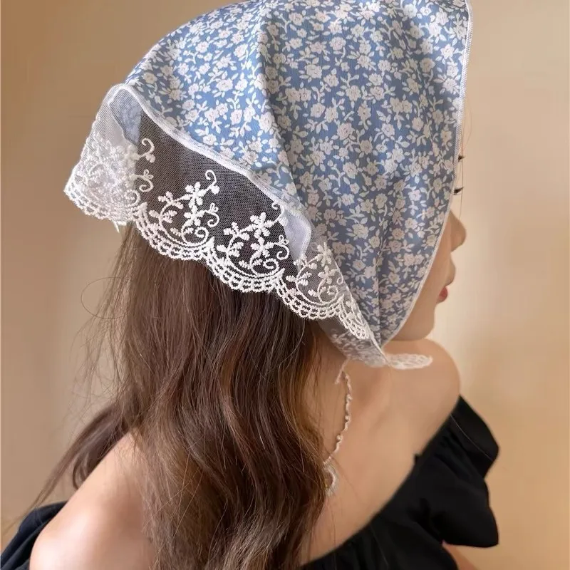 

French Country Floral Sweet Hair Bandana Lace Patchwork Vintage Triangle Head Scarf Retro Streamer Silk Scarf Headband for Women