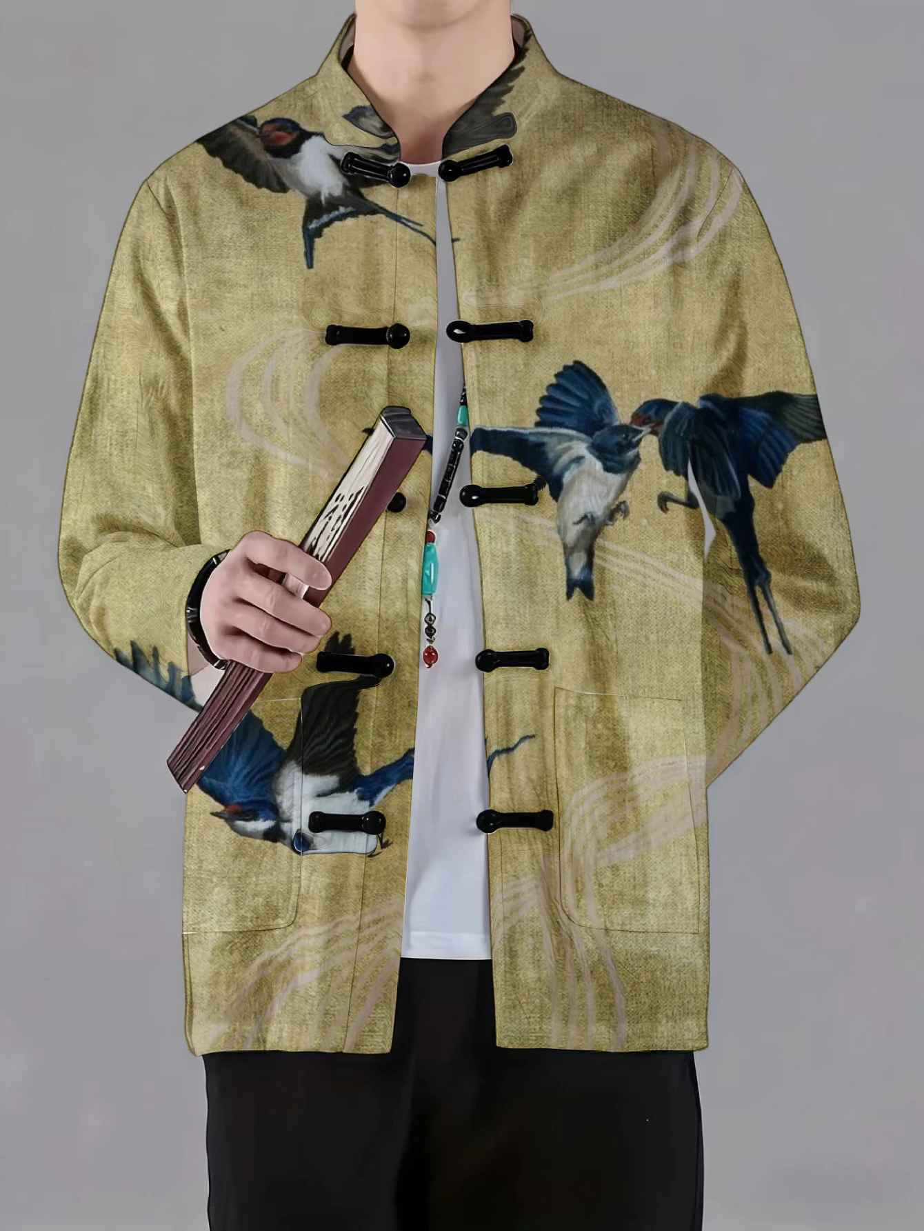 Men Men Mandarin Collar Frog Button Jacket Botanical Avian Art Print Traditional Outerwear - Aliexpress Deal