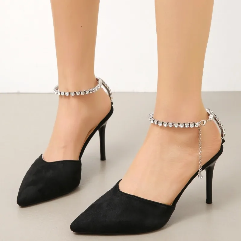 حجر الراين حزام خنجر الصنادل موضة أشار تو الفم الضحلة المضادة للانزلاق مقاومة للاهتراء الكعب العالي