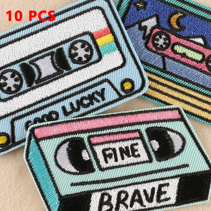 10 pcs/lot Wholesale Audio Tape Patch Iron On Patches For Clothing Thermoadhesive Patches On Clothes DIY Sewing Embroidery Patch