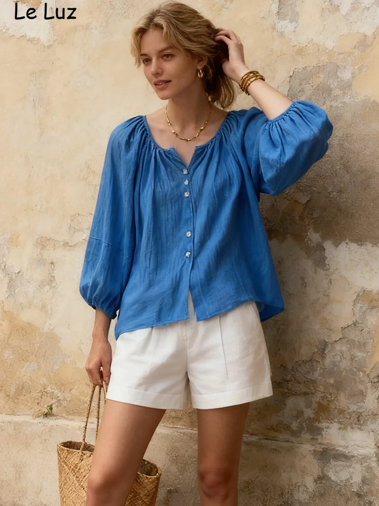 

Тонкая сексуальная блузка во французском стиле, женская синяя хлопковая рубашка с длинным рукавом-фонариком, свободные праздничные прозрачные сексуальные женские рубашки, топы, новые